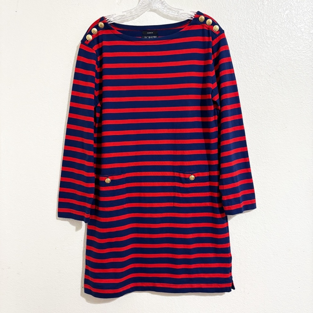 J. Crew Mariner Cloth Shirt Mini Dress with Gold Buttons Navy Blue & Red‎ Stripe